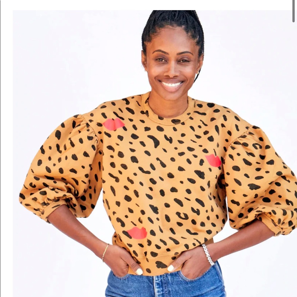 Clare V Drop Shoulder Sweatshirt, Camel w/ Jaguar & Poppy Lips
